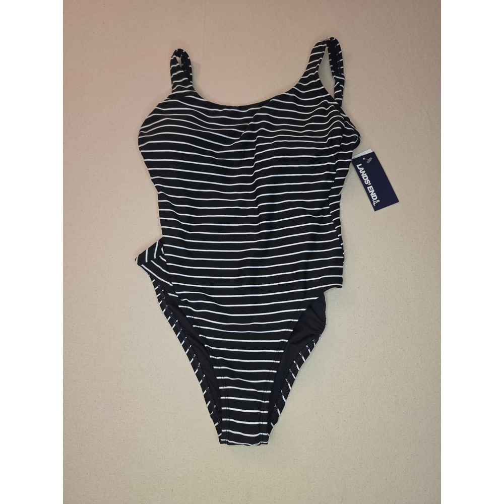 Lands End Striped Tie Back One Piece Swimsuit Black/White Large NWT